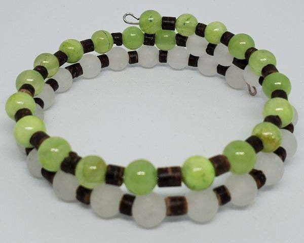 Green Flower Jade and White Jade gemstone bracelet with coconut wood spacers and memory wire cuff design