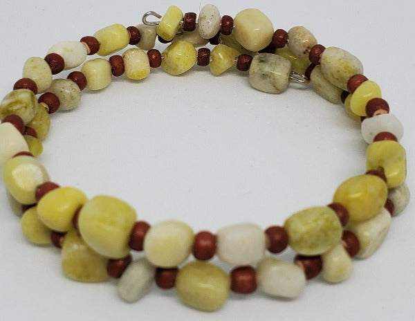Serpentine Stone Cuff Gemstone Bracelet with natural greenish-yellow stones and brown wooden beads on flexible wire