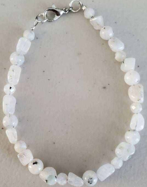 White Moonstone Gemstone Bracelet with smooth round beads and lobster claw clasp