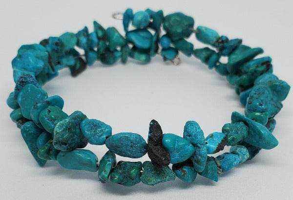 Turquoise chip gemstone bracelet with natural reconstituted stones and flexible memory wire cuff design