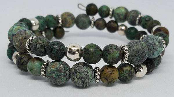 African Turquoise gemstone bracelet with pewter spacers on flexible memory wire cuff
