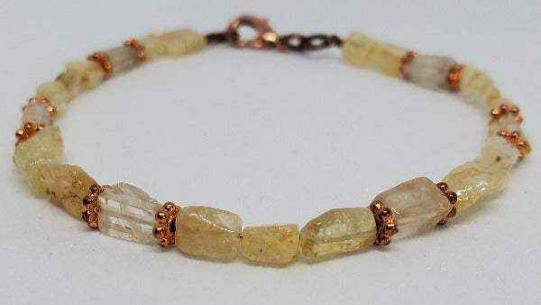 Gemstone bracelet with genuine citrine chips and copper spacers with lobster claw clasp