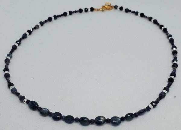 Gemstone necklace featuring Myanmar sapphire and Czech crystal beads with brass clasp