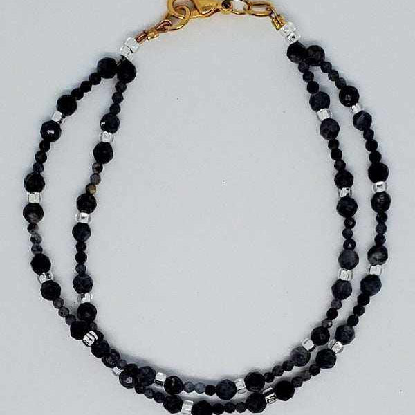 Double-strand sapphire and crystal gemstone bracelet with brass clasp