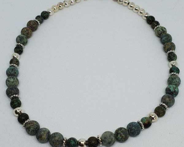 Handcrafted African Turquoise Gemstone Necklace with pewter spacers and silver beads, 16-inch choker style