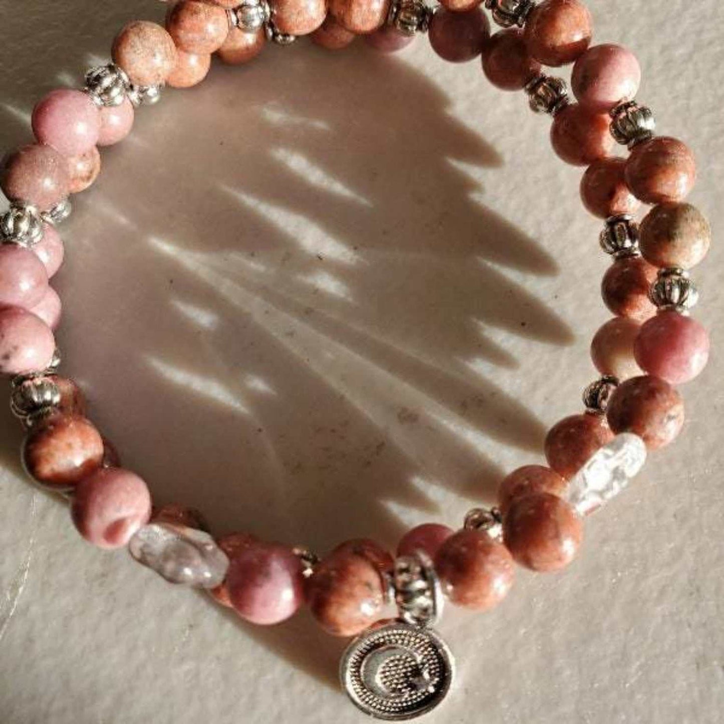 Crescent and Star Cuff gemstone Bracelet with pewter charm and genuine gemstones on a light surface.