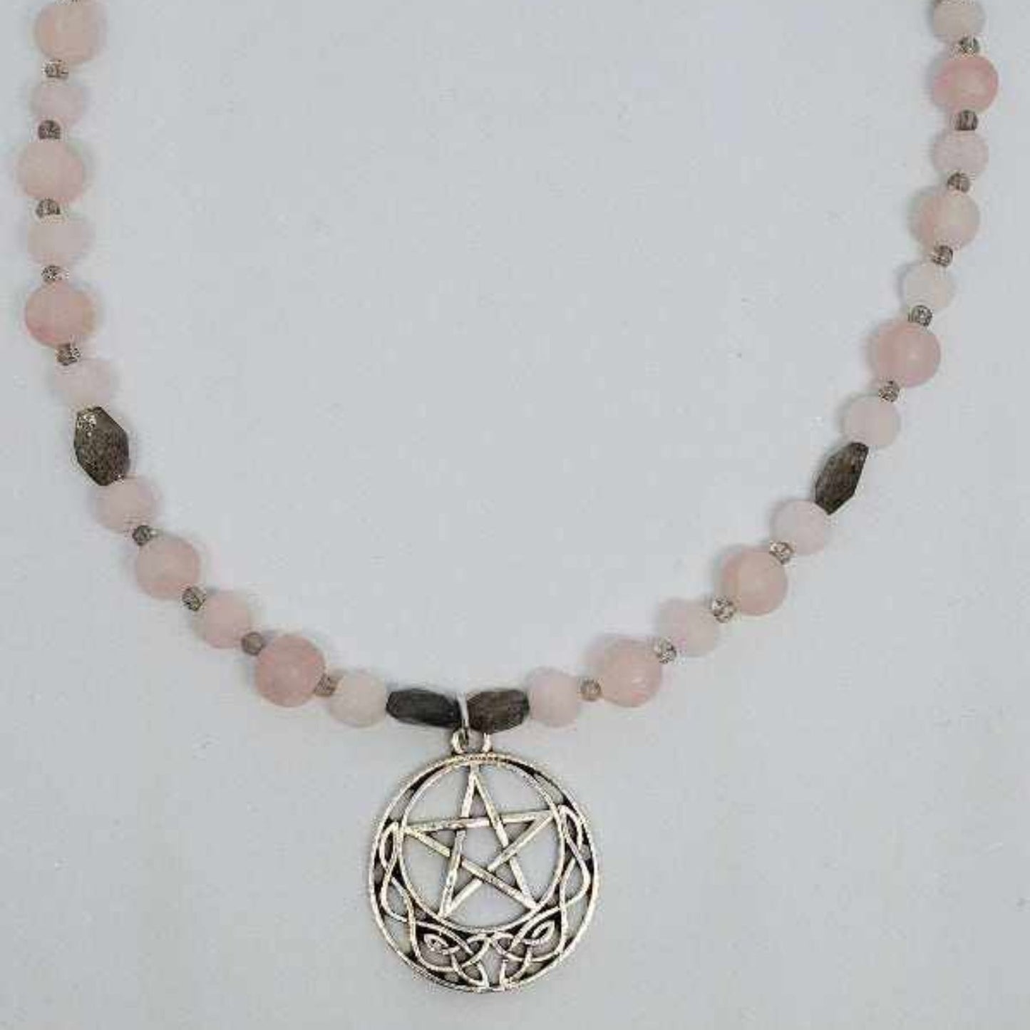 Handcrafted gemstone necklace with pewter pentacle charm and rose quartz beads choker style