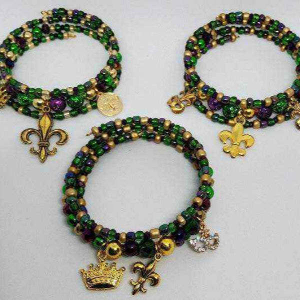 Mardi Gras bracelets with green, purple, gold beads and goldtone charms, festive memory wire design