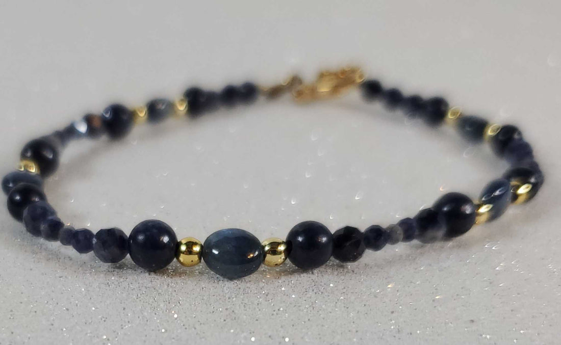 September birthstone sapphire and gold bead delicate beaded bracelet by Thorneapple Designs