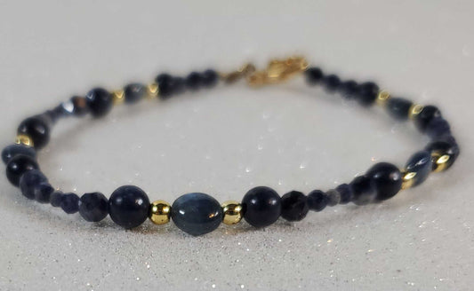 September birthstone sapphire and gold bead delicate beaded bracelet by Thorneapple Designs