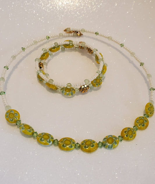 Floral Jewelry Set – Millefiori Yellow Daisy Necklace & Bracelet Duo