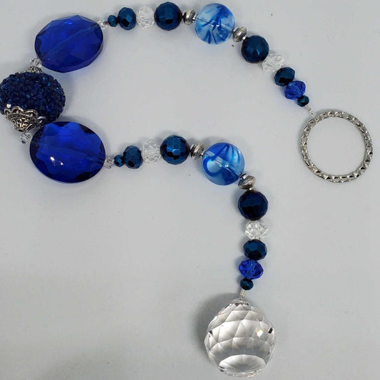 Navy blue crystal suncatcher with glass and acrylic beads and clear teardrop prism charm