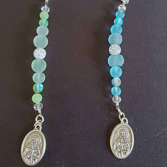Boat Charm with St. Brendan medals and blue and green glass beads for spiritual protection and nautical inspiration