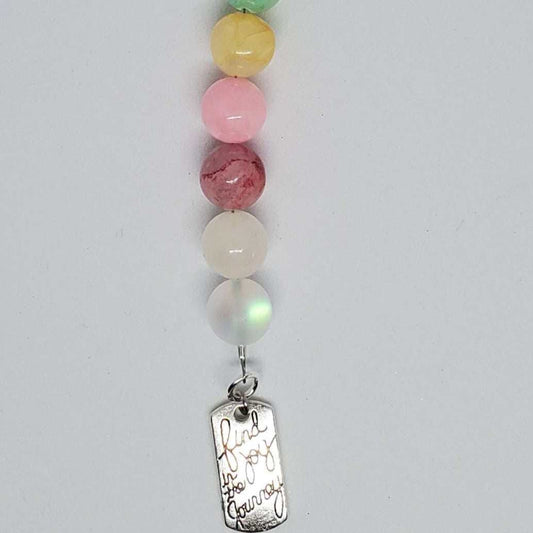 Rearview Mirror Car Charm with pastel glass beads and pewter charm engraved "Find Joy in the Journey"
