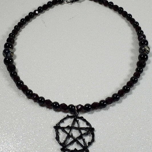 Black Tourmaline Pentacle choker gemstone necklace with garnet beads and black thorn pentacle charm