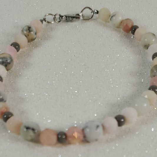 Pink Opal and Rutilated Quartz gemstone bracelet with Czech glass beads and pewter lobster clasp
