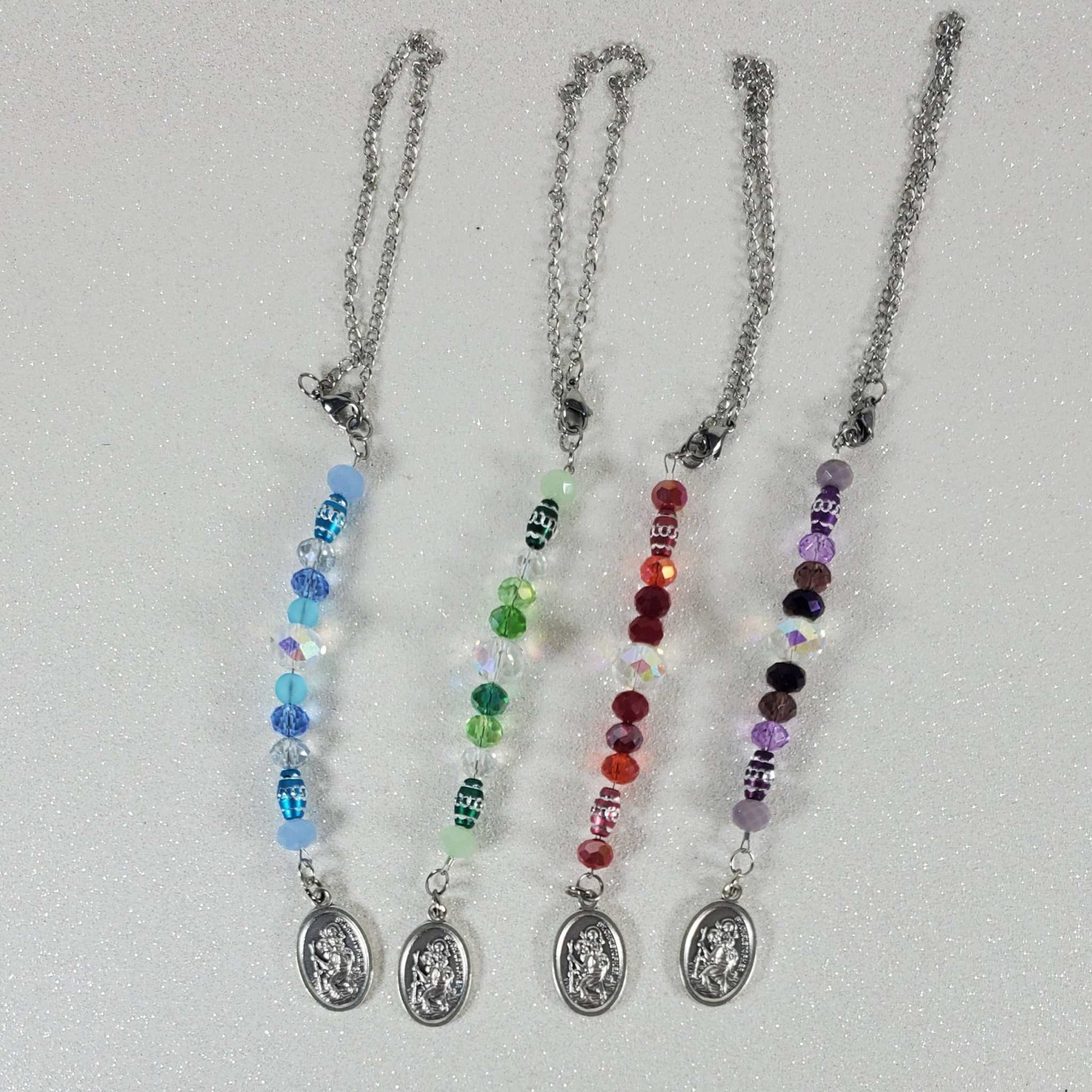 Rearview mirror car charms with pewter St Christopher medallions and colorful glass beads in four styles