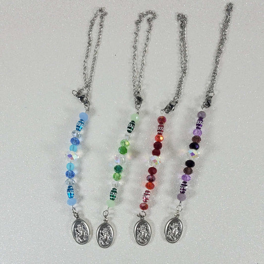 Rearview mirror car charms with pewter St Christopher medallions and colorful glass beads in four styles