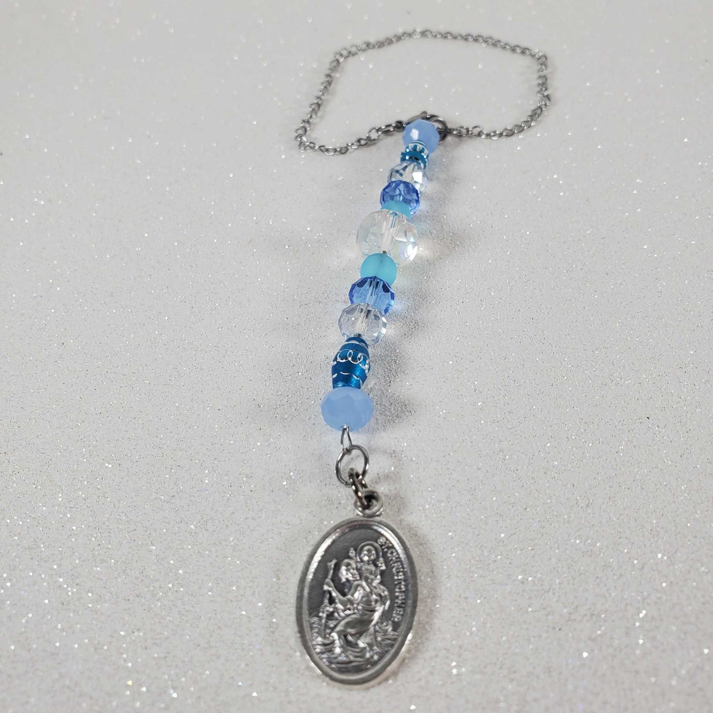 Rearview mirror car charm with pewter St Christopher medallion and blue glass beads on 8 inch chain