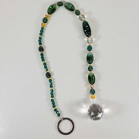 Celtic green crystal suncatcher with emerald beads and clear drop prism for window decoration