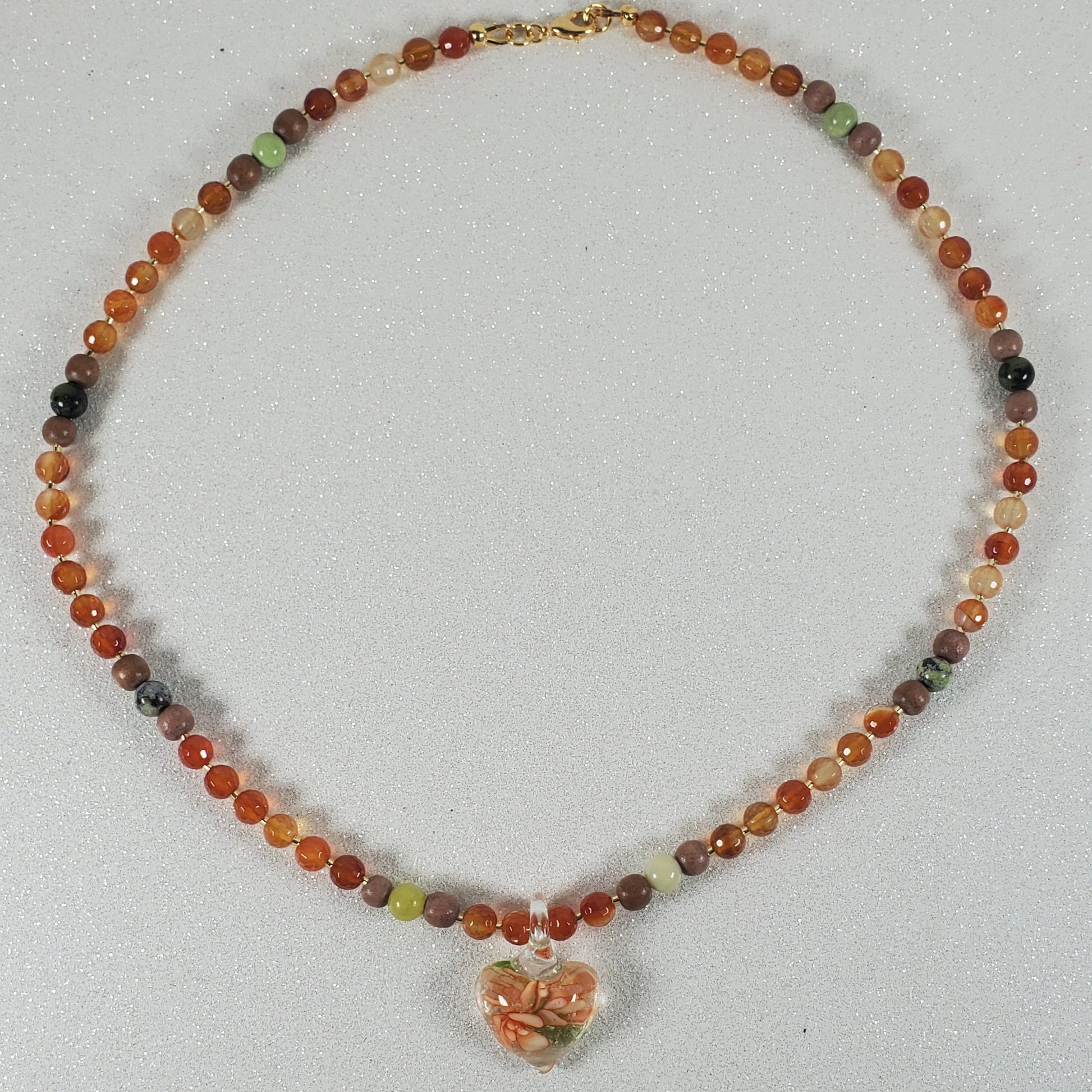 Beaded necklace on a white surface