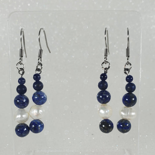Pair of blue beaded earrings on a white background