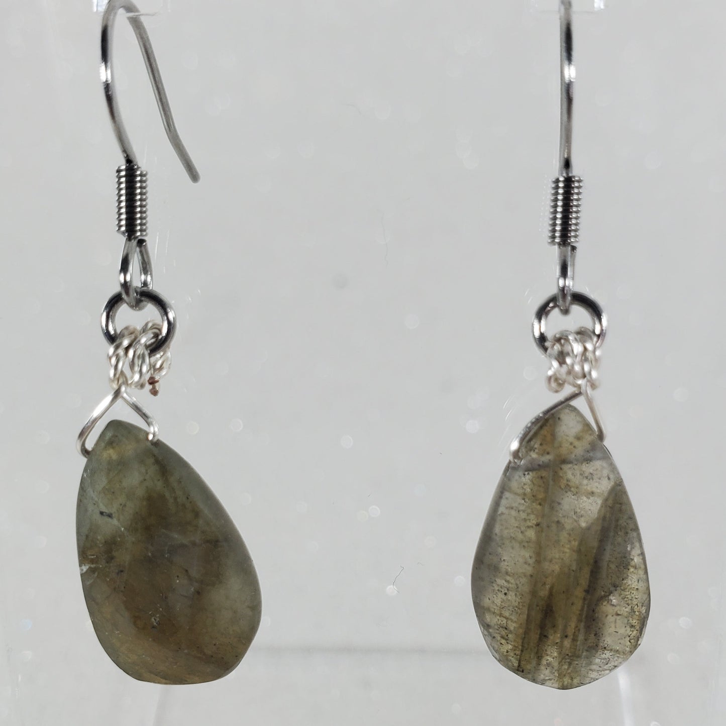 Pair of earrings with gray stone drops on clear background