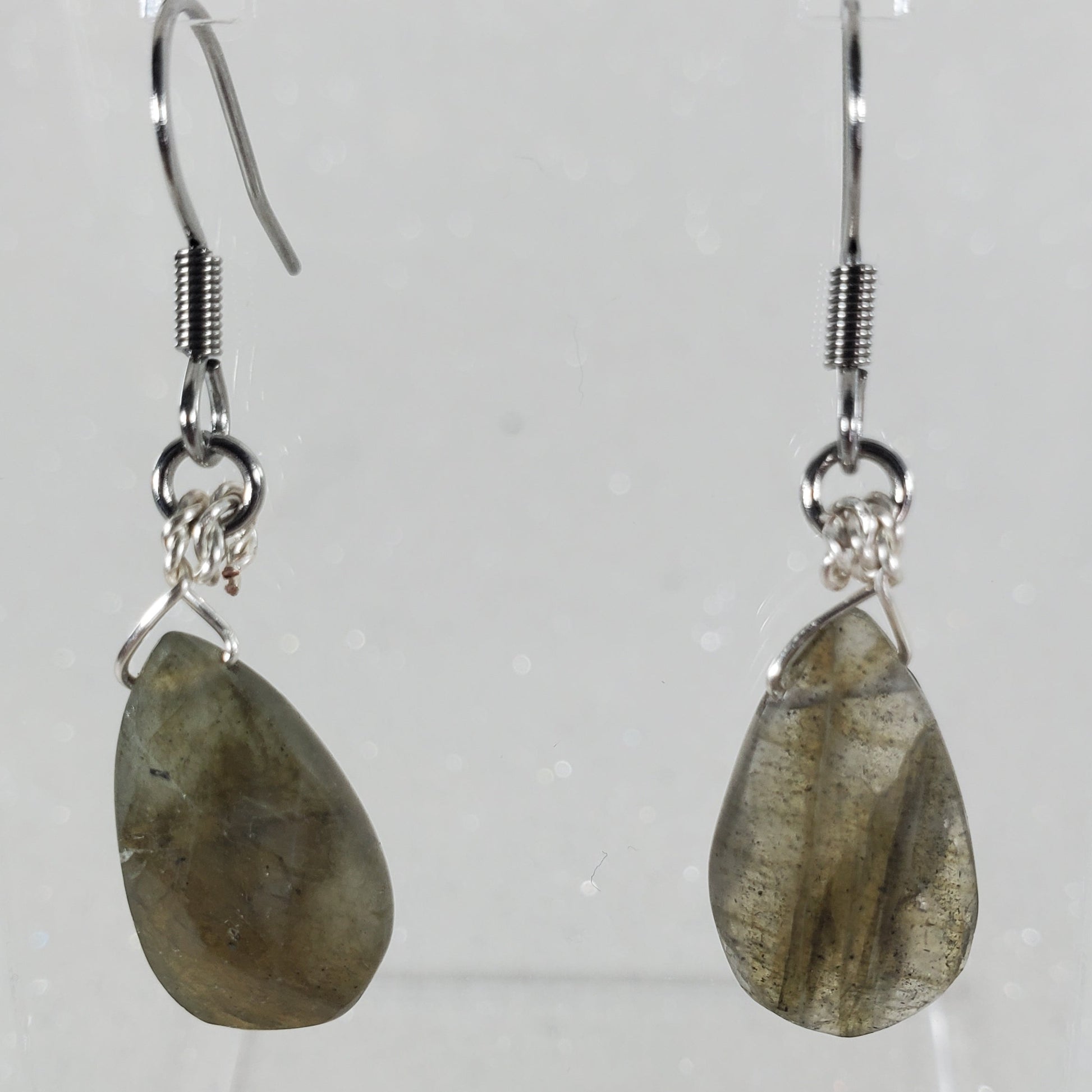Pair of earrings with gray stone drops on clear background