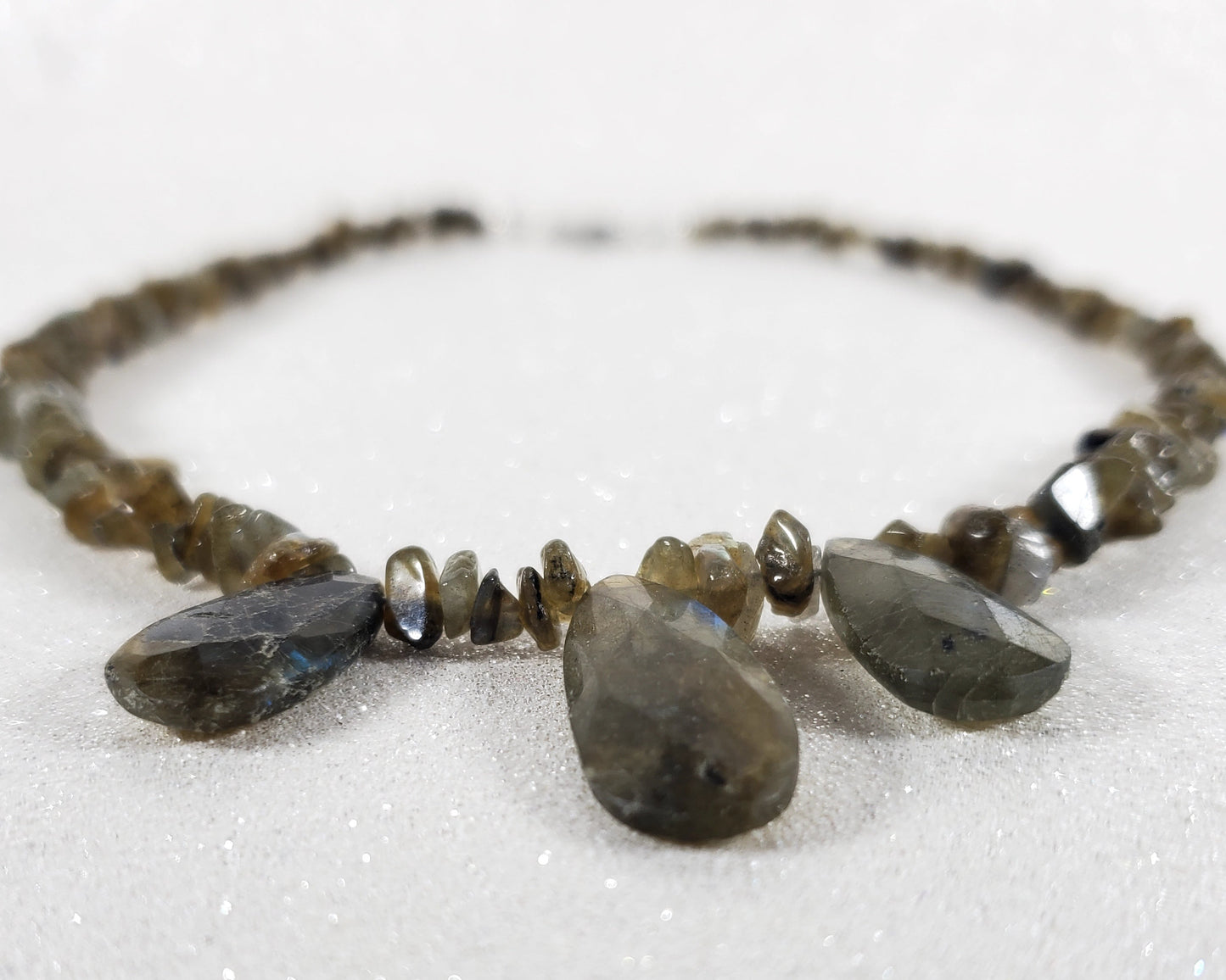 Necklace with stone beads on a white background