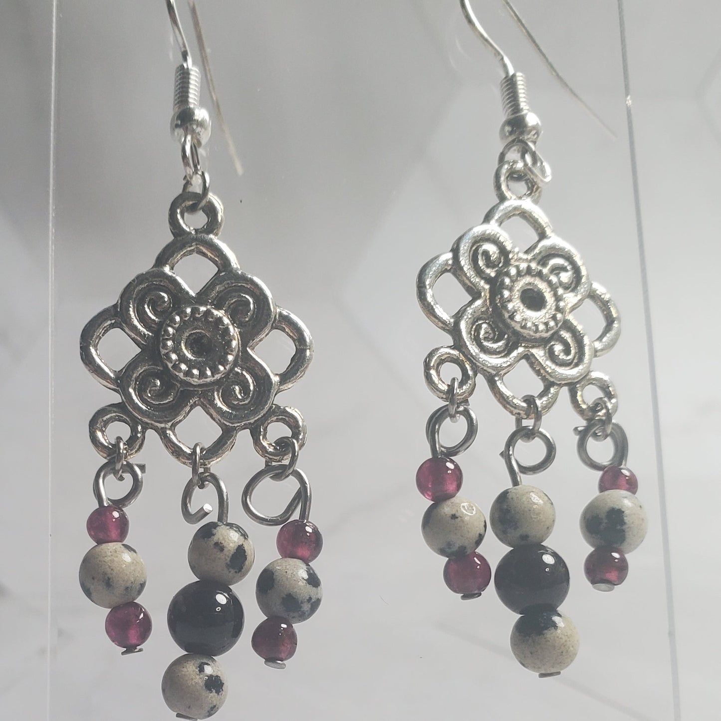 Gemstone Earrings: Dalmatian Jasper and Garnet