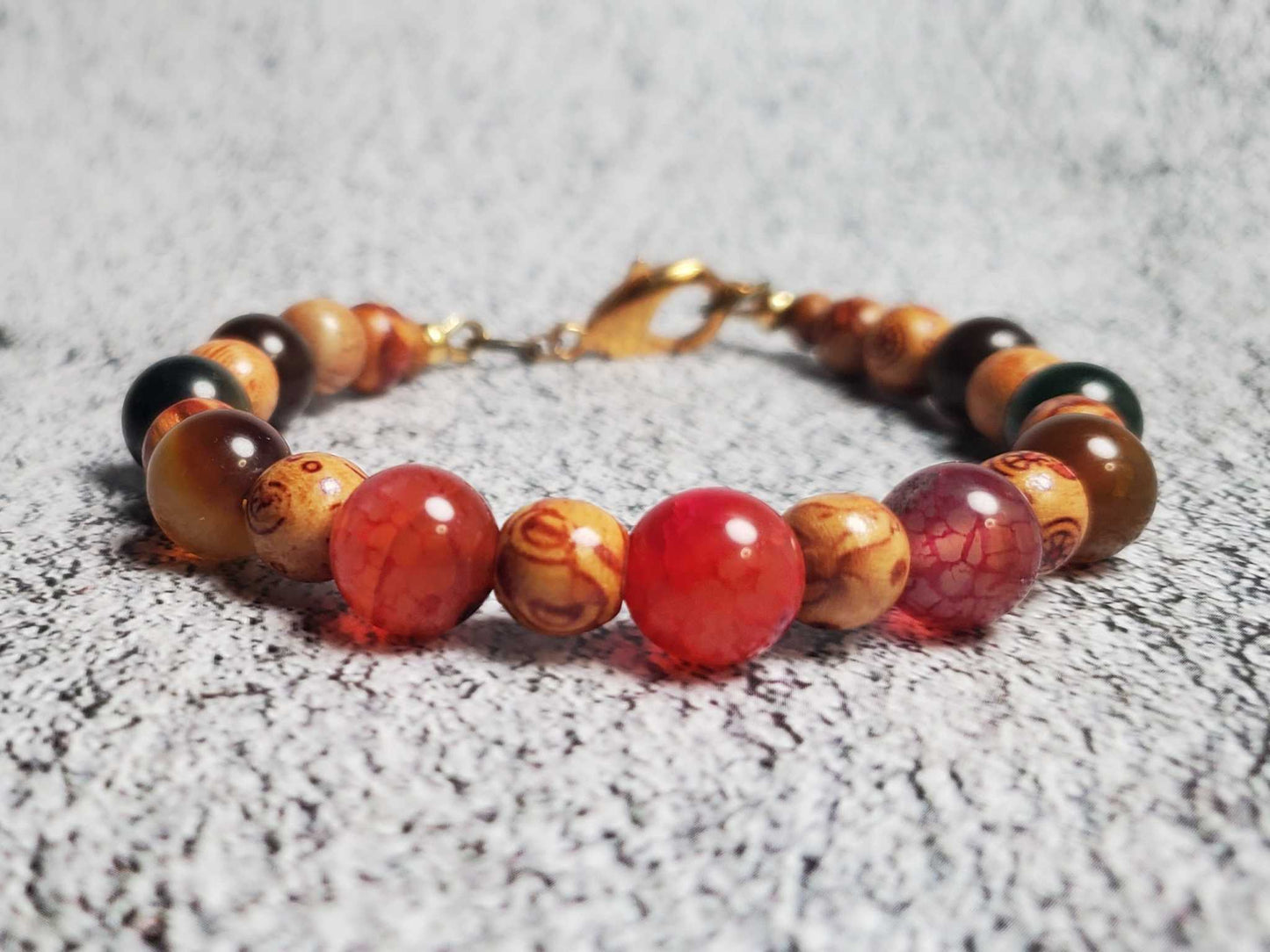 Handcrafted gemstone bracelet with Dragon Vein Agate and natural wood beads for men