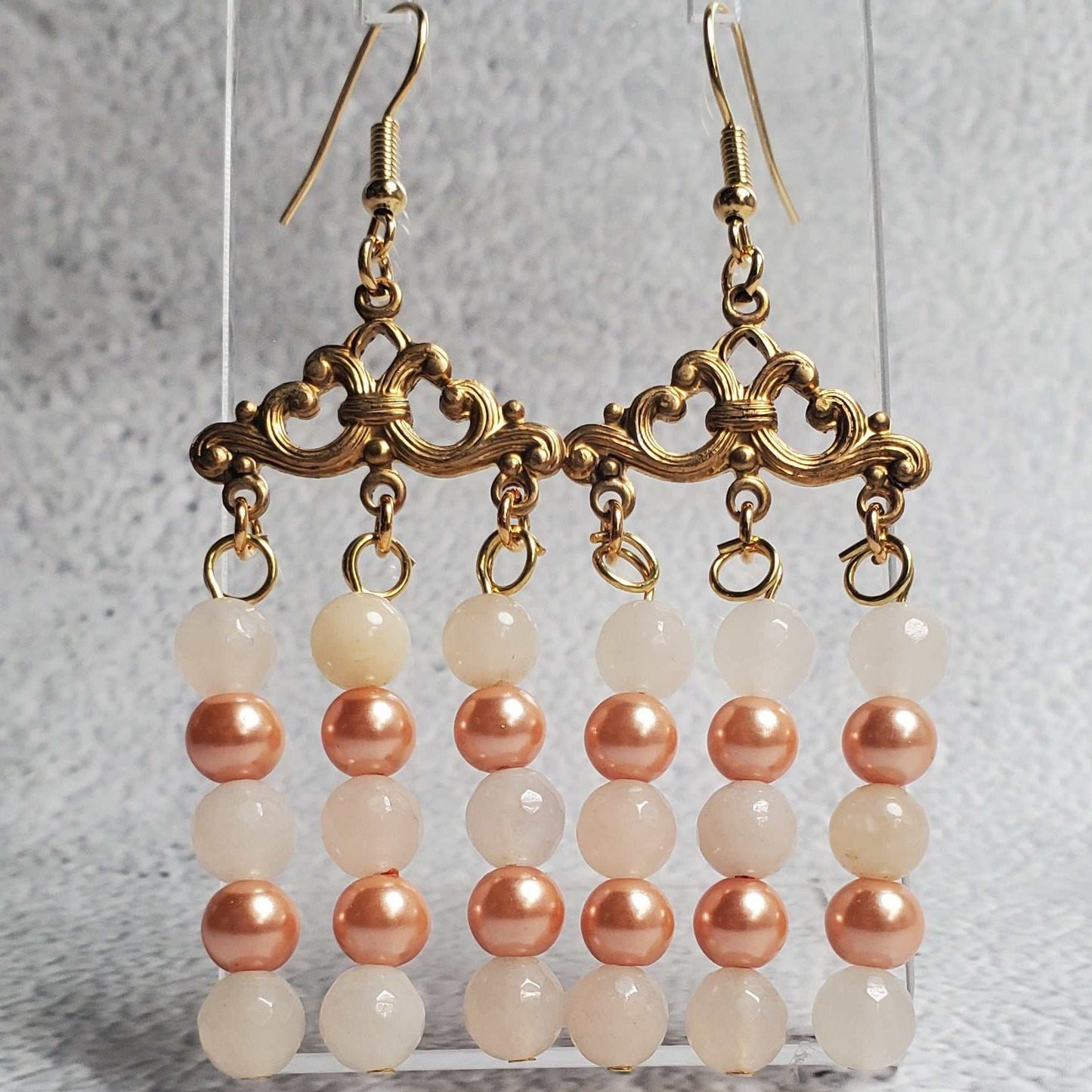 Moonstone and pearl gemstone chandelier earrings with antiqued brass and French wire hooks