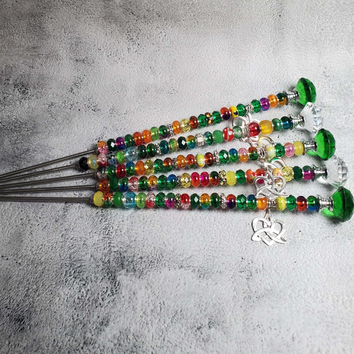 Handcrafted 12-inch Celtic Fairy Wand with colorful beads, pewter Celtic knot heart charm, and crystal knob for garden décor