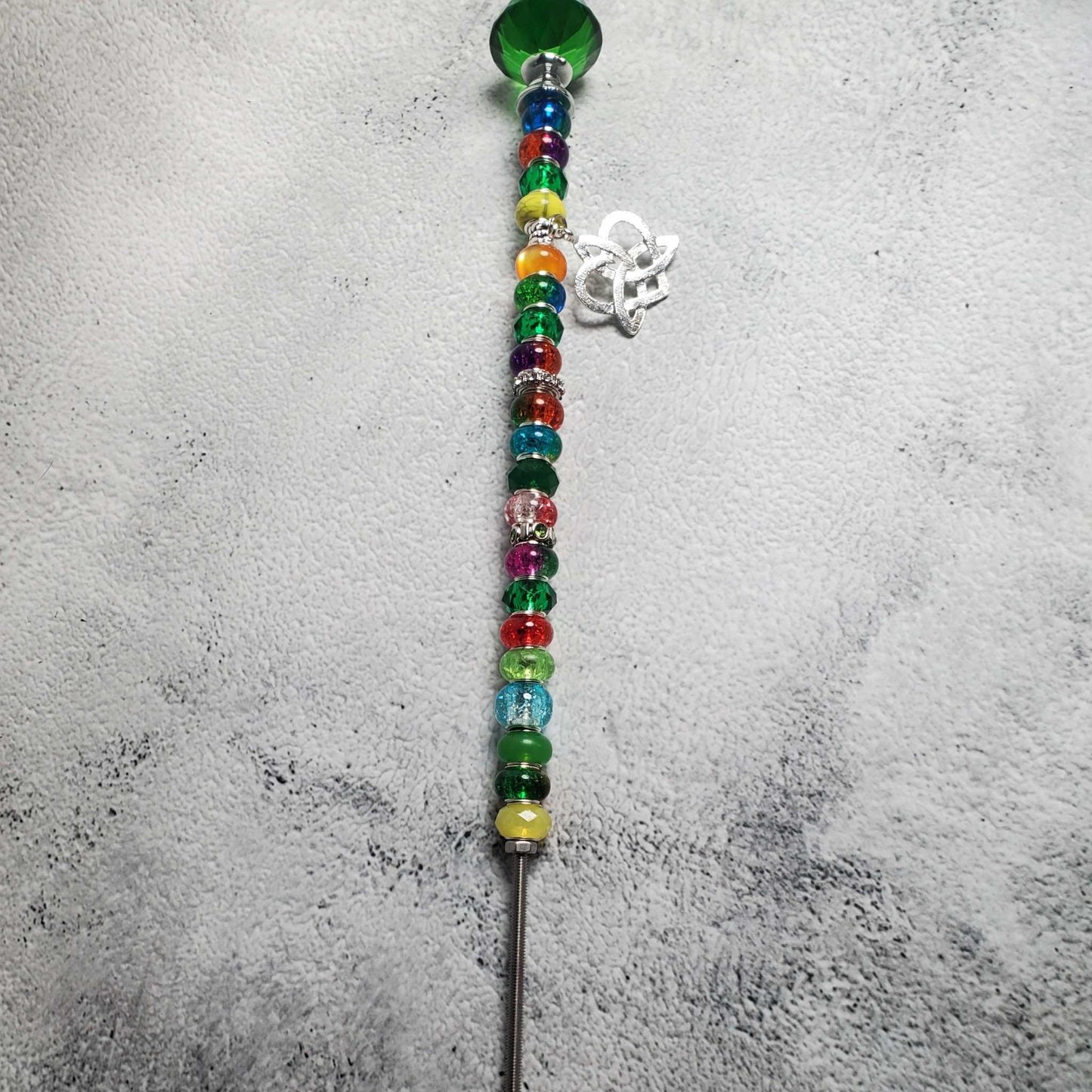 Handcrafted Celtic Fairy Wand with colorful beads, pewter knot heart charm, and crystal top for garden décor
