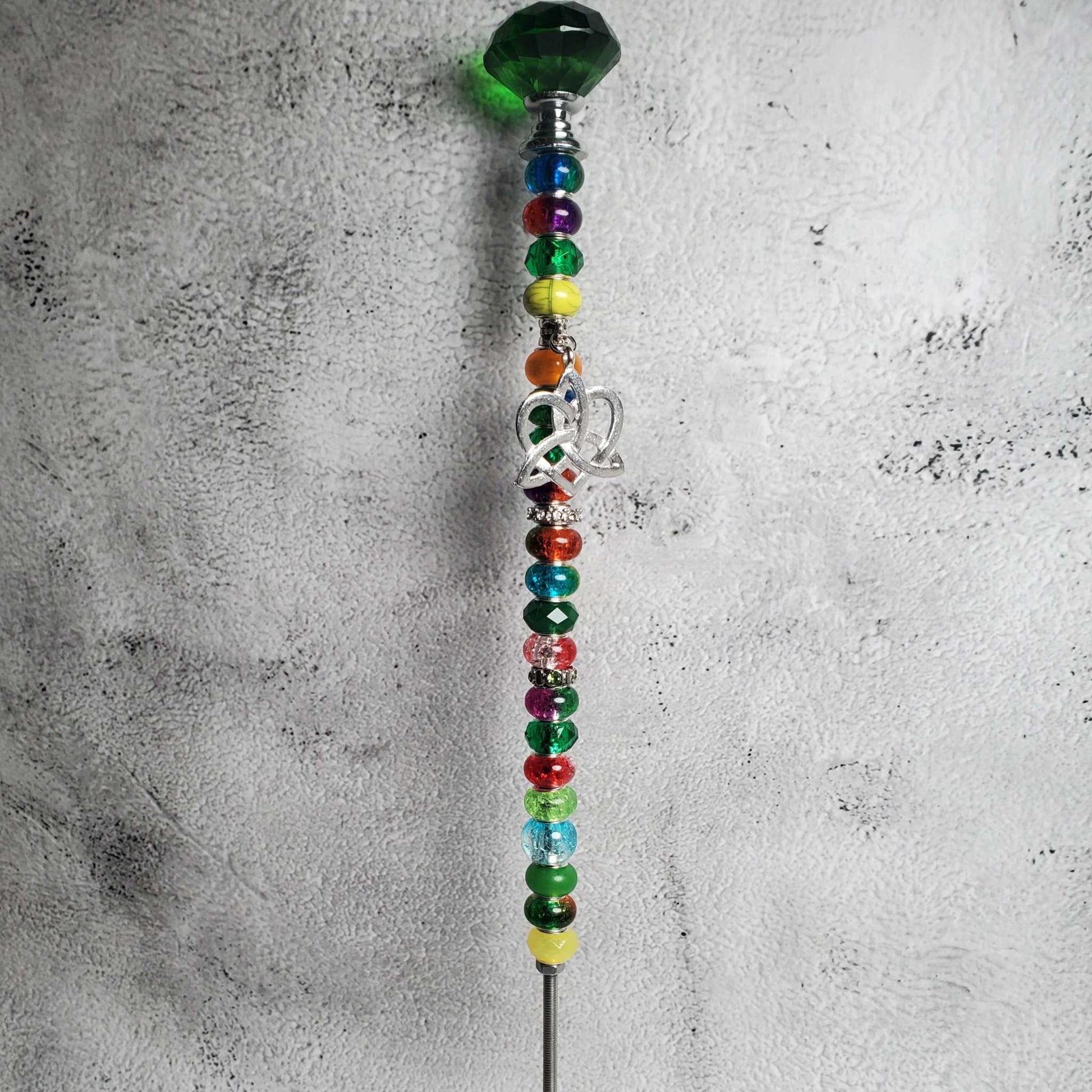 Handcrafted 12-inch Celtic Fairy Wand with colorful charm beads, pewter knot heart, and crystal knob for garden décor