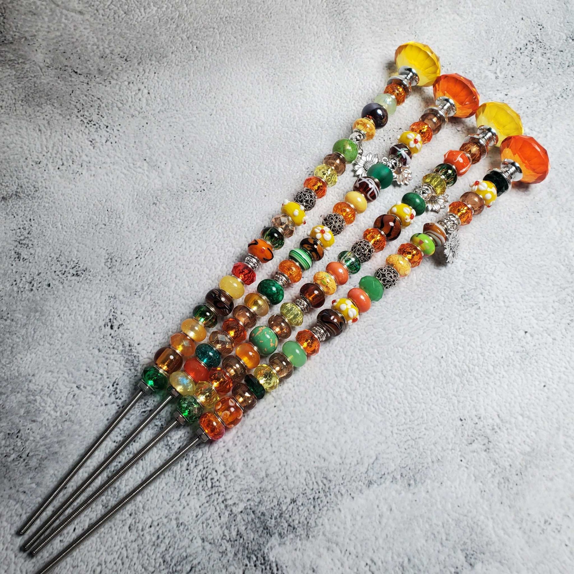 Handcrafted Fairy Wand with crystal knob, colorful beads, and pewter sunflower charm for garden décor