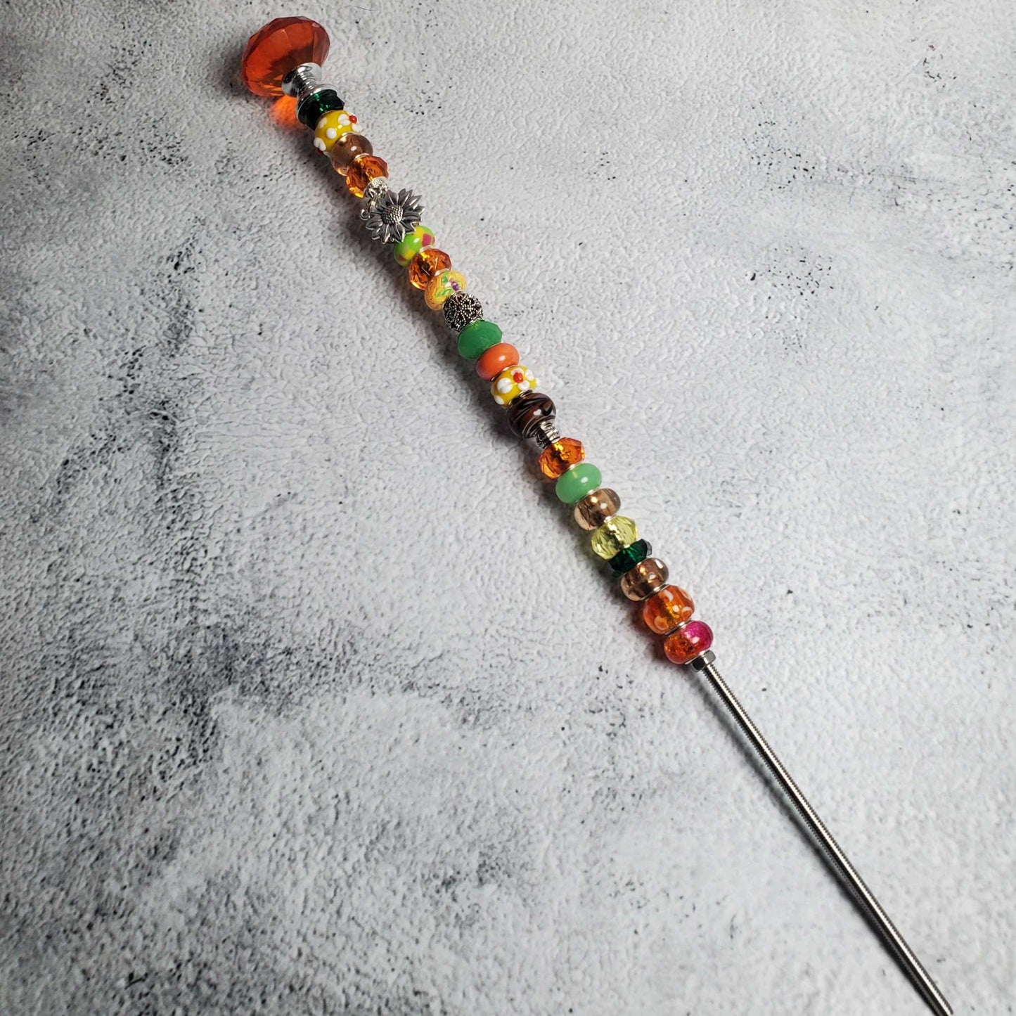 Handcrafted 12-inch Fairy Wand with crystal knob, colorful beads, and pewter sunflower charm for garden decor