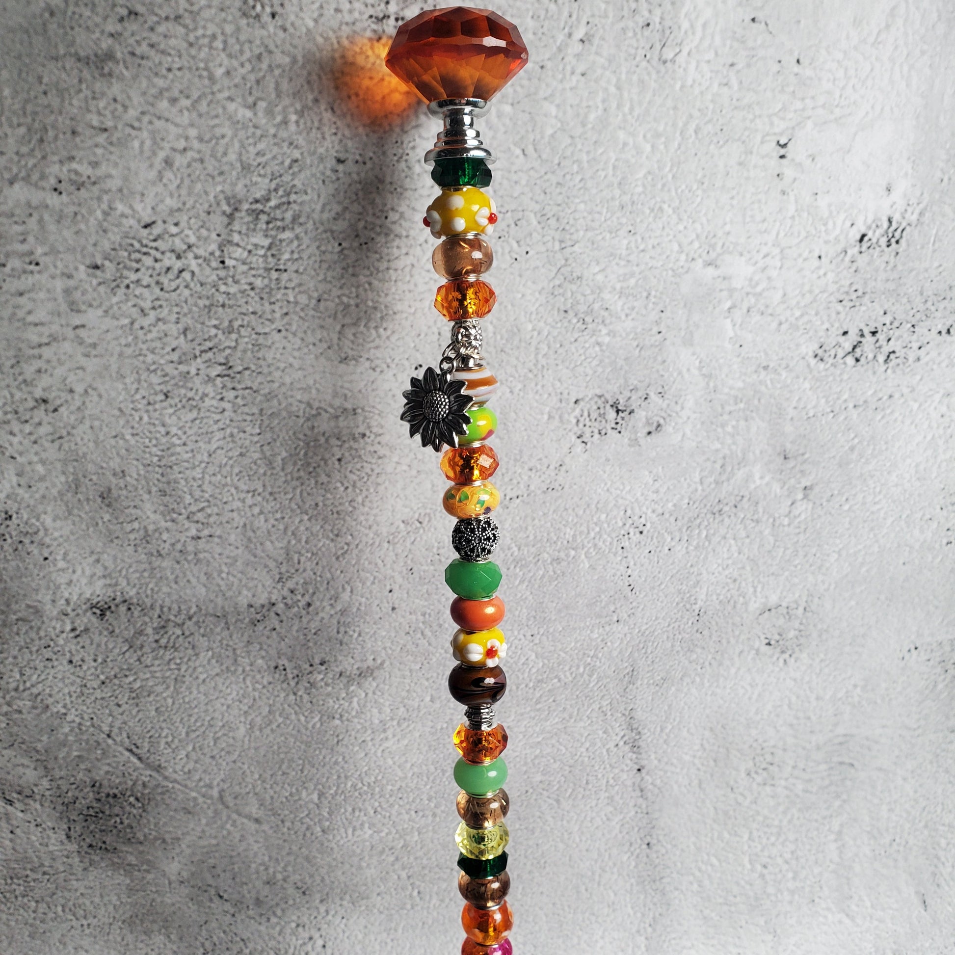 Handcrafted Fairy Wand with crystal knob and pewter sunflower charm for garden decoration