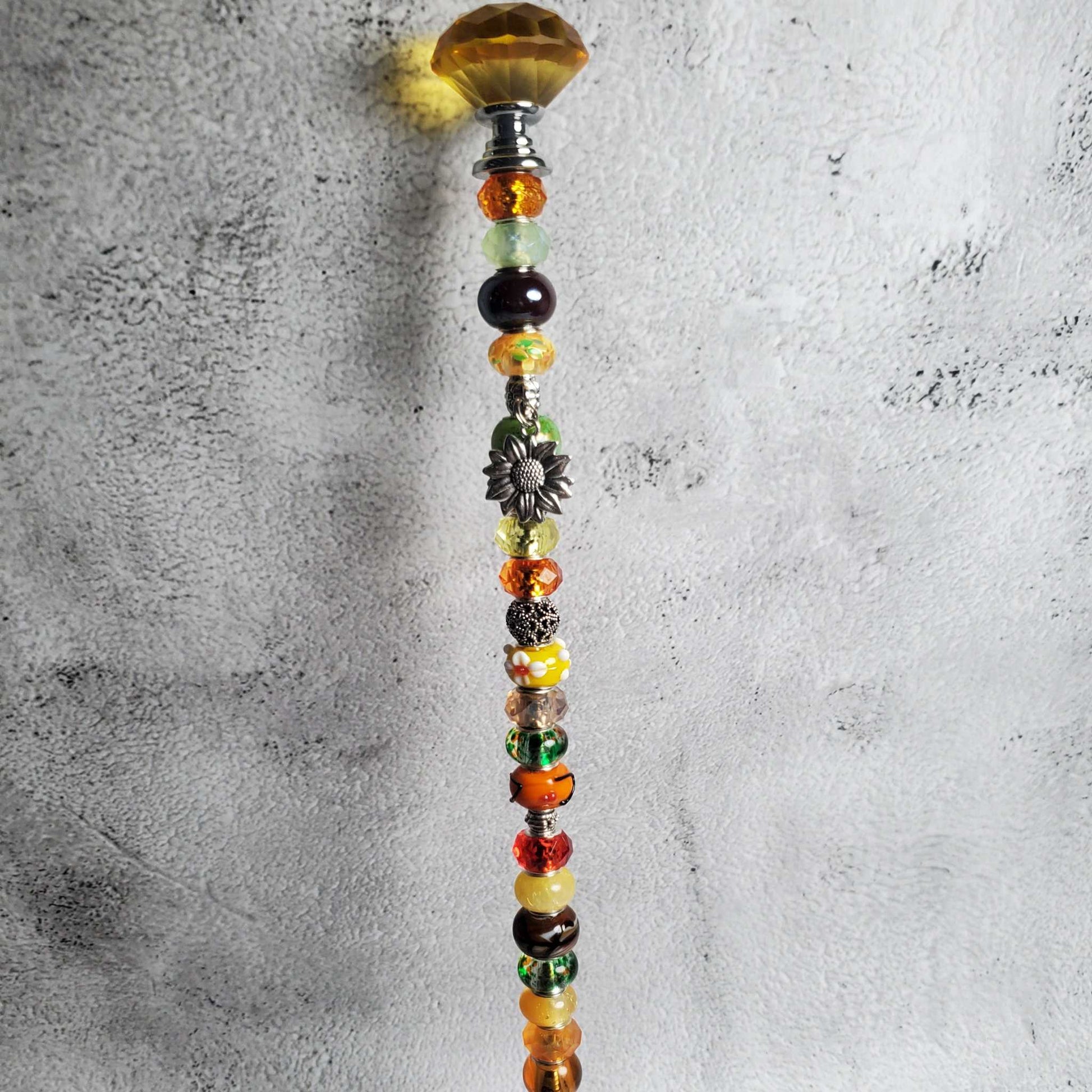 Handcrafted Fairy Wand with crystal knob and pewter sunflower charm for garden decoration