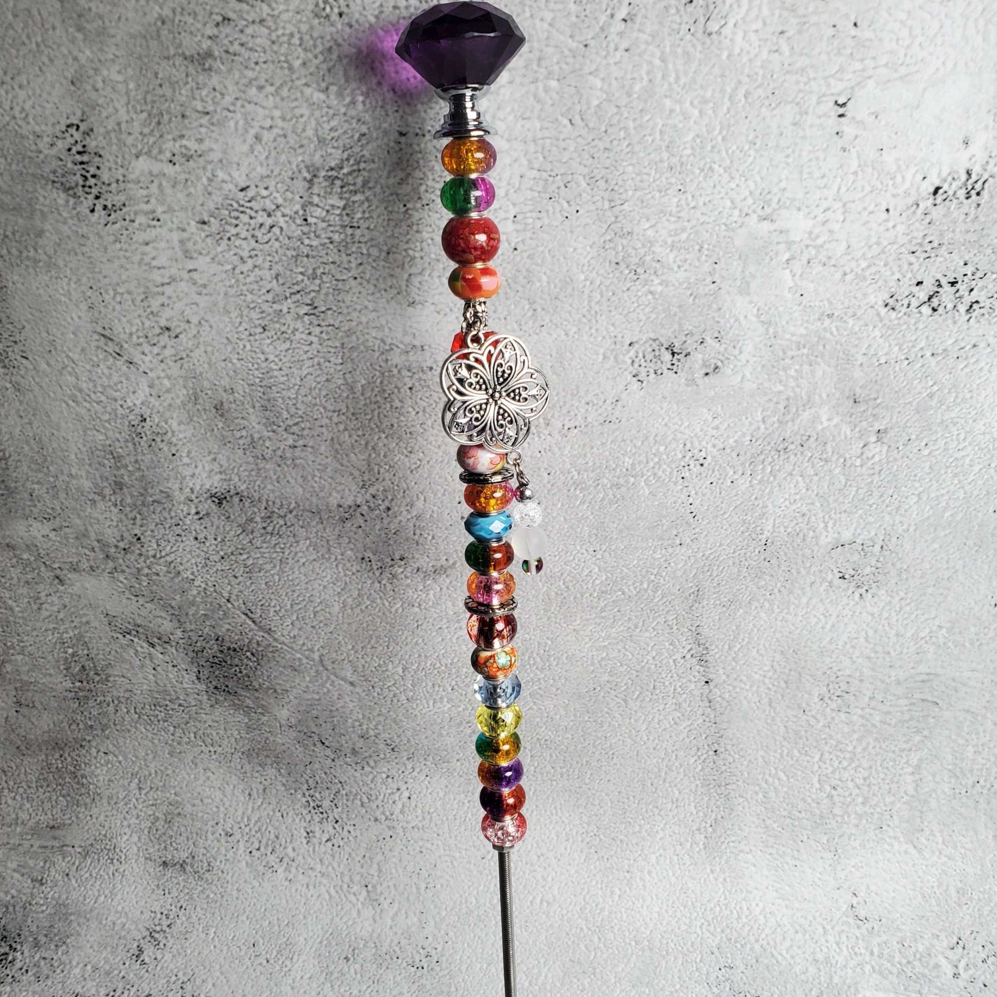 Handcrafted 12-inch Fairy Wand garden accent with floral charm beads and sparkling crystal knob