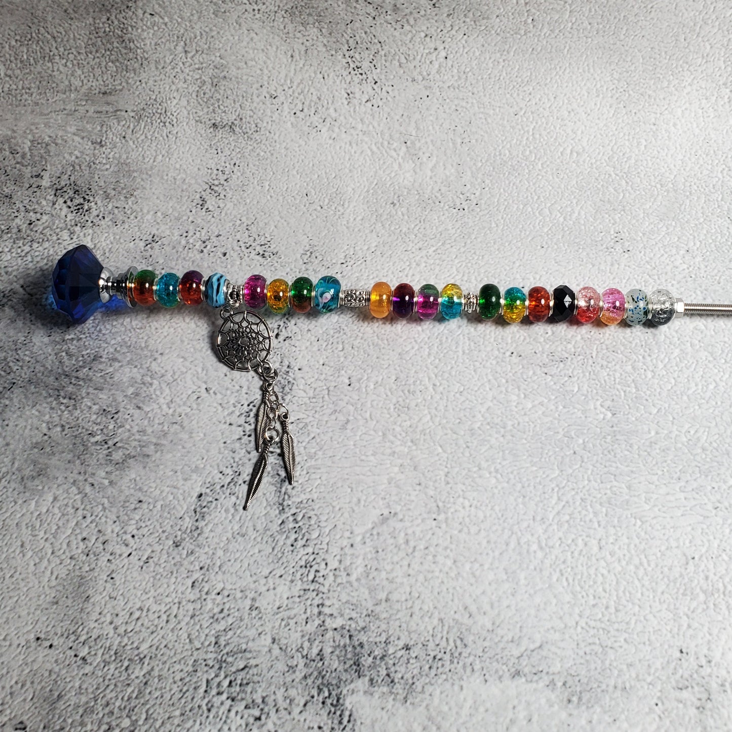 12-inch Fairy Wand garden decoration with pewter dreamcatcher, sparkling crystal knob, and European charm beads