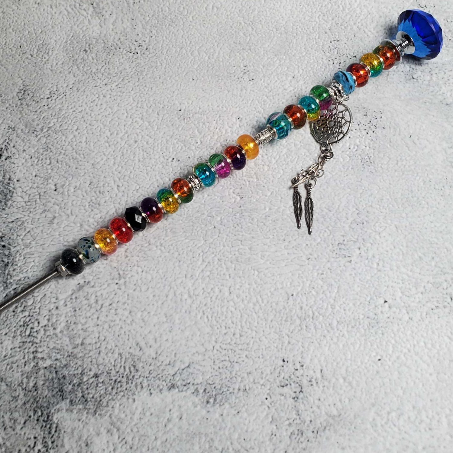 Fairy Wand garden decoration with sparkling crystal, European charm beads, and pewter dreamcatcher