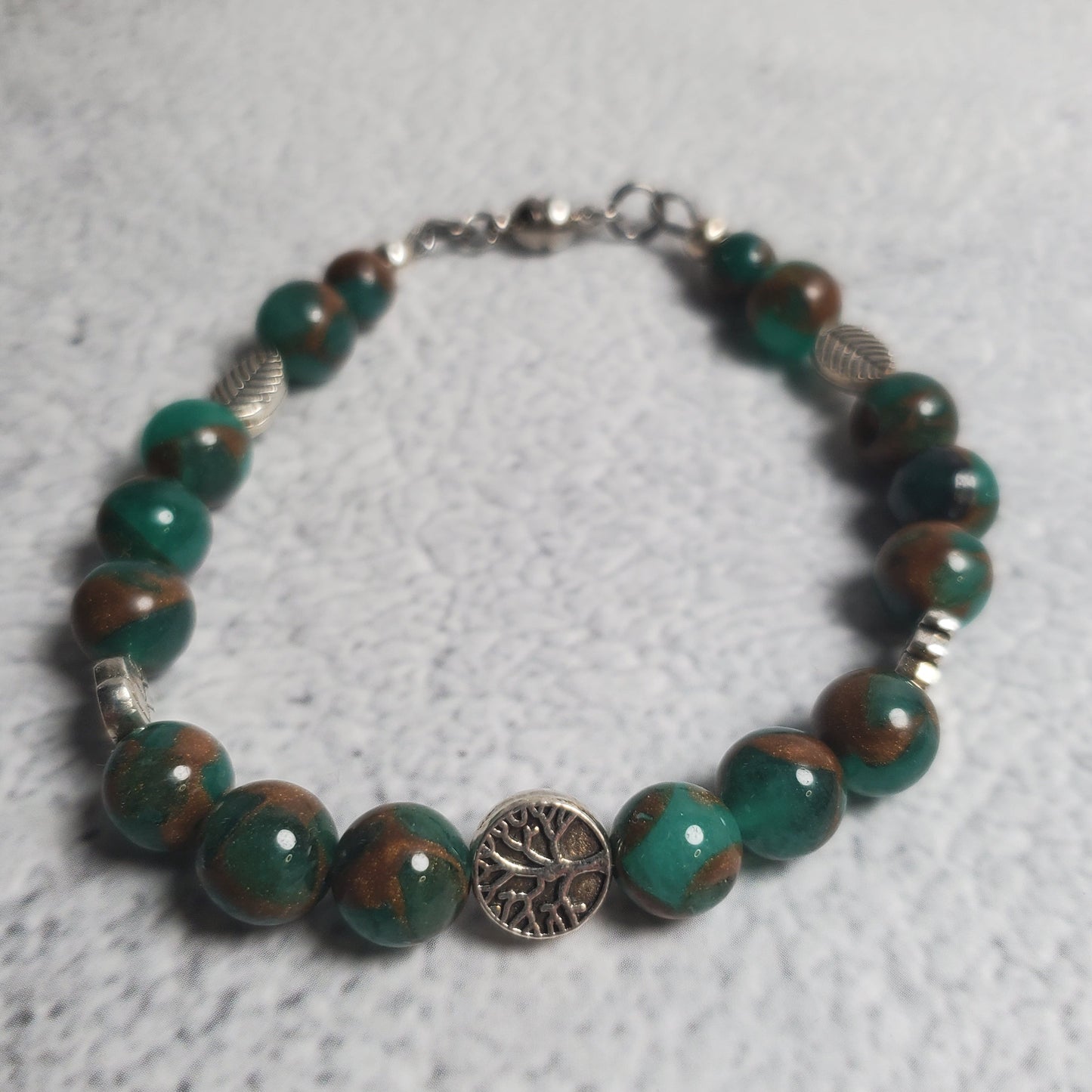 Handcrafted gemstone bracelet with green resin sponge quartz and pewter Tree of Life beads