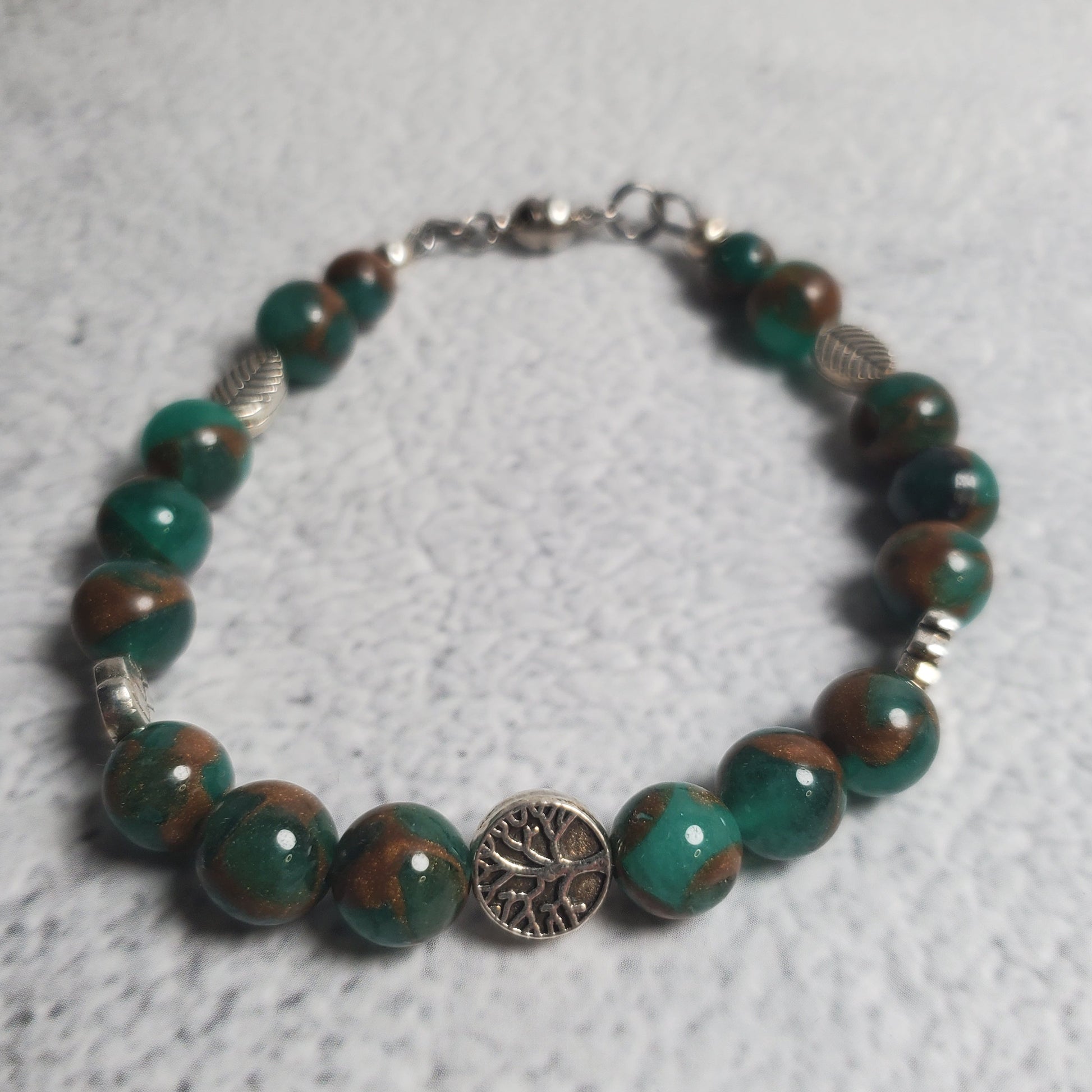 Handcrafted gemstone bracelet with green resin sponge quartz and pewter Tree of Life beads