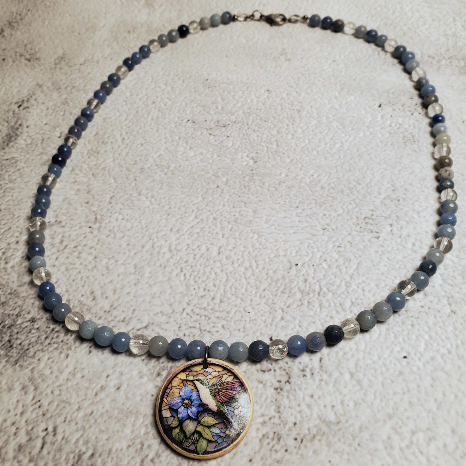 Blue Aventurine gemstone necklace with hand-painted floral wood pendant and Clear Quartz beads