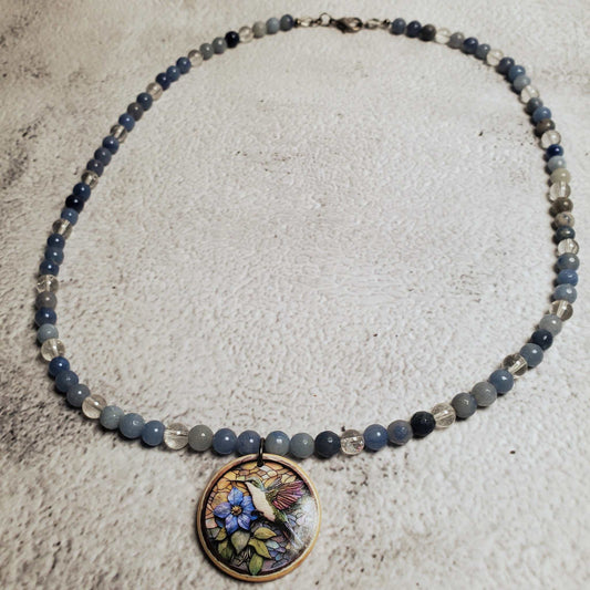 Blue Aventurine gemstone necklace with hand-painted floral wood pendant and Clear Quartz beads