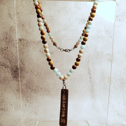 Gemstone necklace with Aquaterra Impression Jasper beads and hand-carved wood Tibetan prayer pendant