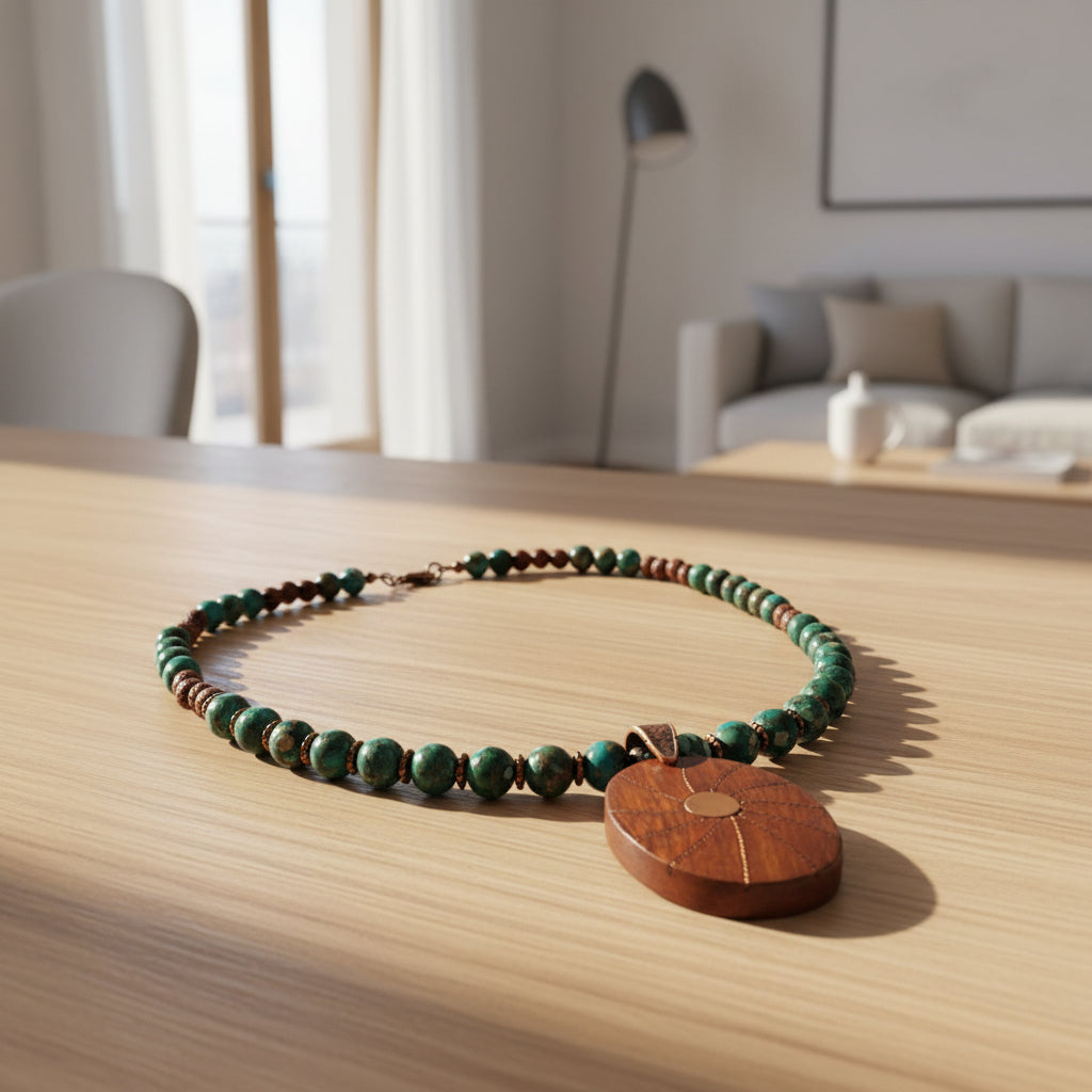 A handmade beaded necklace featuring green and reddish-brown beads with a large oval wooden pendant decorated with gold-colored engraved lines and a central gold dot, displayed on a textured gray surface.