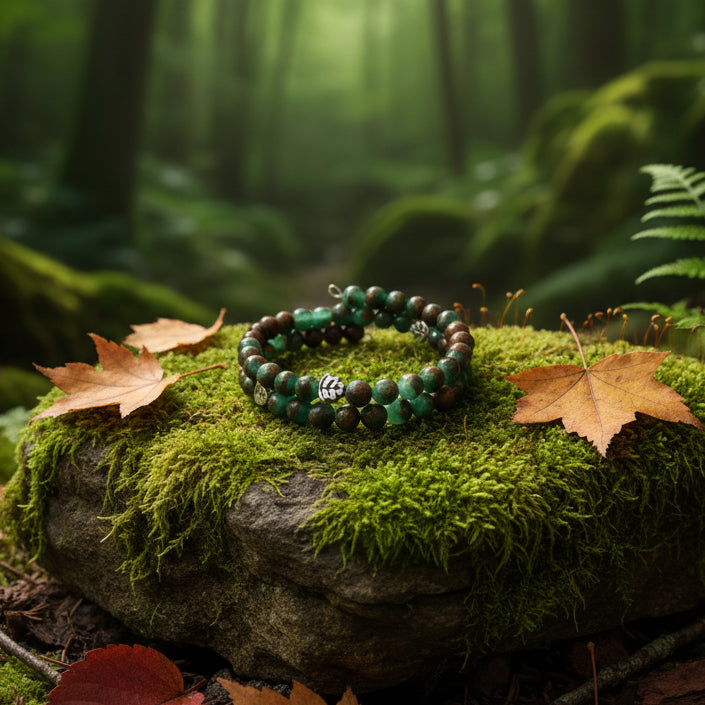 A beaded memory wire bracelet featuring alternating green and dark brown polished beads, with a small metallic leaf charm in the center, resting on a textured beige surface.