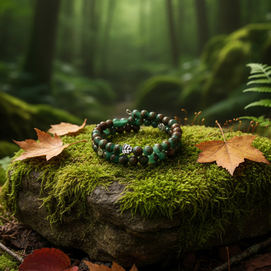 A beaded memory wire bracelet featuring alternating green and dark brown polished beads, with a small metallic leaf charm in the center, resting on a textured beige surface.